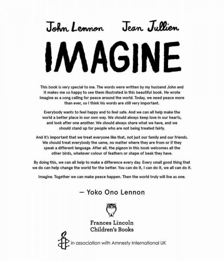 De Ziua Internațională a Păcii, Yoko Ono lansează albumul ilustrat pentru copii "Imagine" 