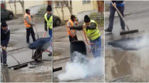 La Călărași a fost asfaltată o baltă. Cum a reacţionat primăria după ce muncitorii au făcut lucrul de mântuială (VIDEO)