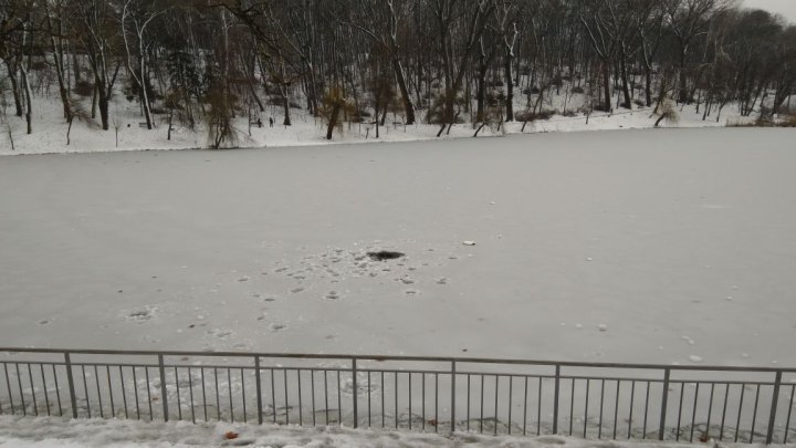 Pericol în parcul Valea Trandafirilor. Câţiva copii s-au aventurat pe gheaţa subţire a lacului (FOTO)