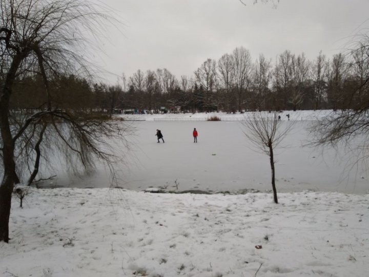 Pericol în parcul Valea Trandafirilor. Câţiva copii s-au aventurat pe gheaţa subţire a lacului (FOTO)