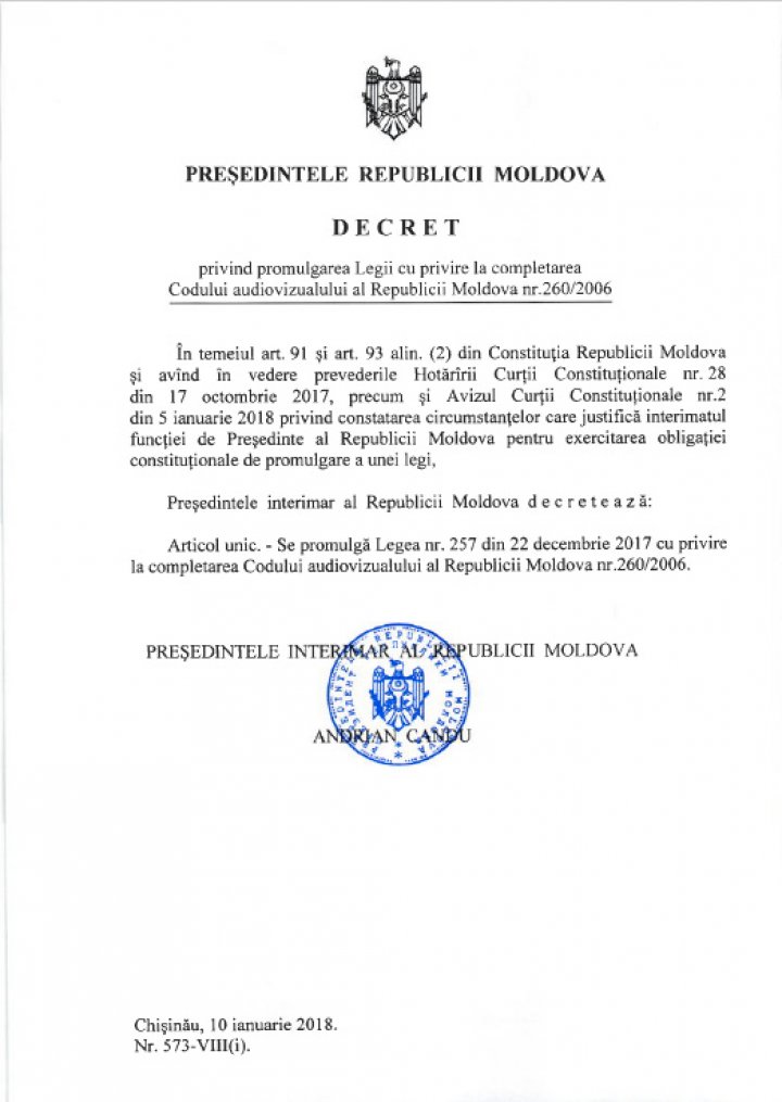 Legea anti-propagandă a fost promulgată de președintele Parlamentului, Andrian Candu