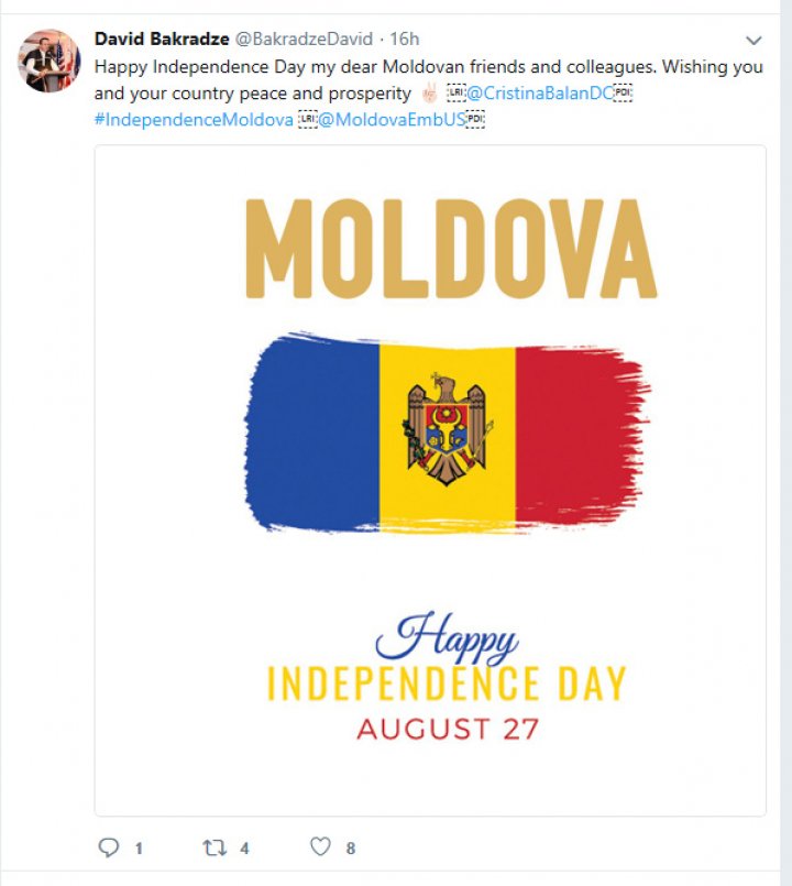 Moldova, felicitată pe reţelele de socializare de mai mulţi oficiali străini