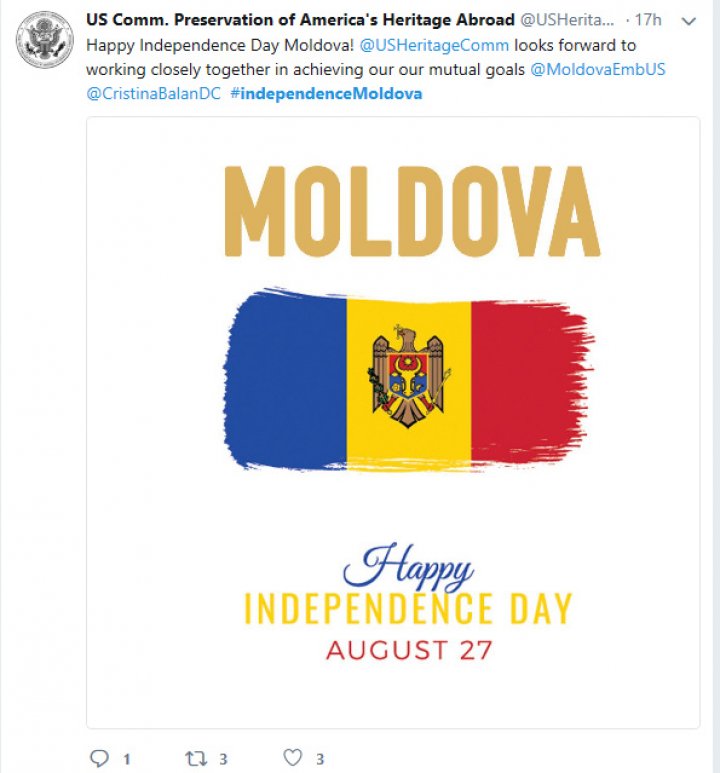 Moldova, felicitată pe reţelele de socializare de mai mulţi oficiali străini