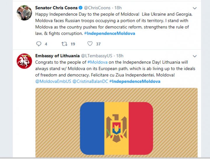 Moldova, felicitată pe reţelele de socializare de mai mulţi oficiali străini