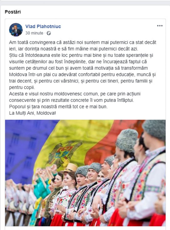 Vlad Plahotniuc de Ziua Independenţei Republicii Moldova: Astăzi noi suntem mai puternici ca stat decât ieri, iar Moldova îşi va continua drumul de dezvoltare