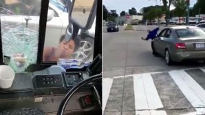 O şoferiţă furioasă a blocat calea unui autobuz, i-a spart geamul și a luat șoferul pe capota mașinii (IMAGINI ŞOCANTE)