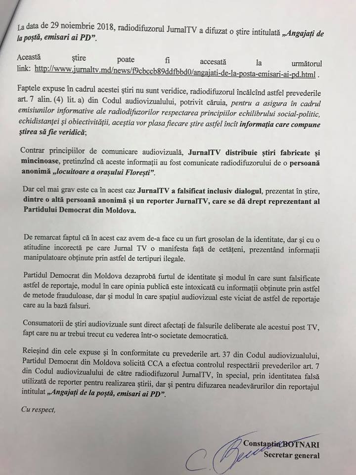 Jurnal TV folosește în mod abuziv şi fals identitatea Partidului Democrat din Moldova. Democraţii au sesizat CCA