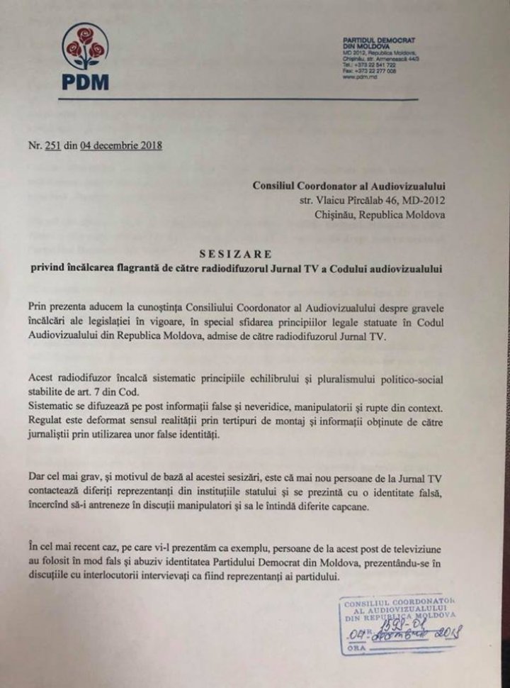 Jurnal TV folosește în mod abuziv şi fals identitatea Partidului Democrat din Moldova. Democraţii au sesizat CCA