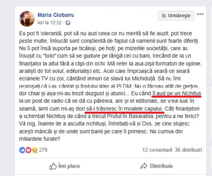 După atacul deputatului PLDM, Maria Ciobanu faţă de jurnalistul Victor Nichituş, mai multe ONG-uri din domeniul mass-media au reacţionat. O declaraţie a fost semnată în acest sens