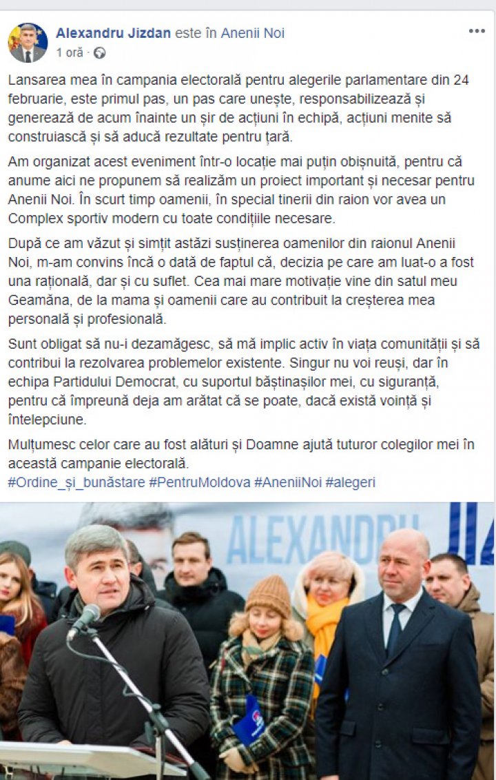 Alexandru Jizdan s-a lansat în campania electorală. Acesta va candida în circumscripţia Nr.34 din Anenii Noi