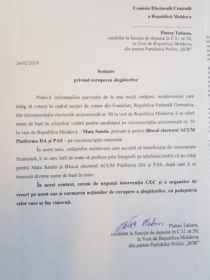 Comisia Electorală Centrală a fost sesizată după ce în Germania s-ar oferi bani pentru voturile lui Maia Sandu