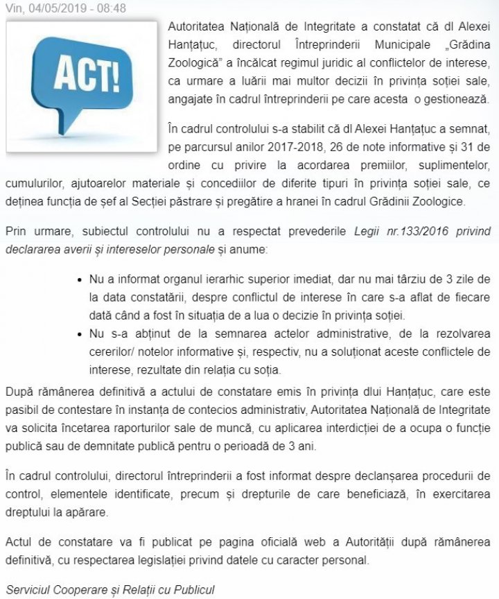 Directorul Grădinii Zoologice riscă să fie demis. Alexei Hanțațuc a acordat mai multe premii și concedii soției sale (DOC)