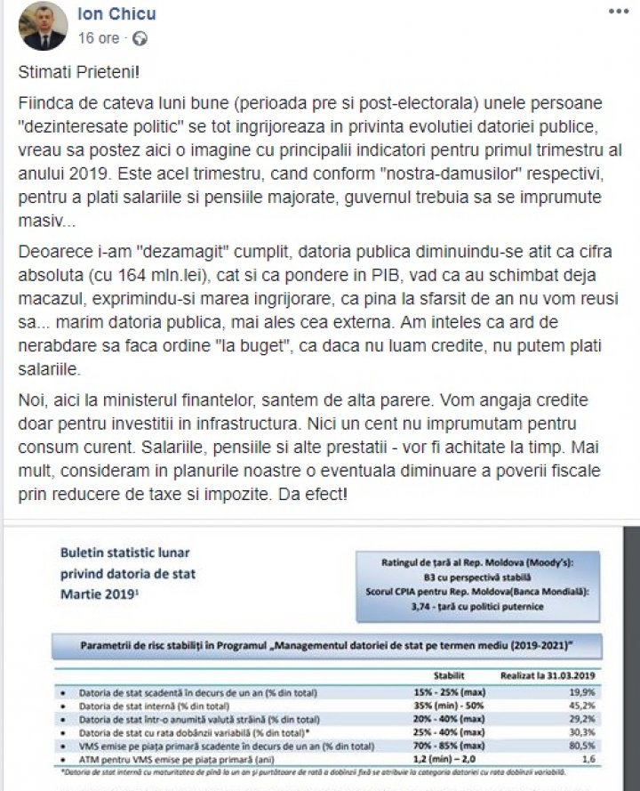 Ministrul finanţelor: Datoria publică s-a diminuat cu 164 milioane de lei în primul trimestru al acestui an