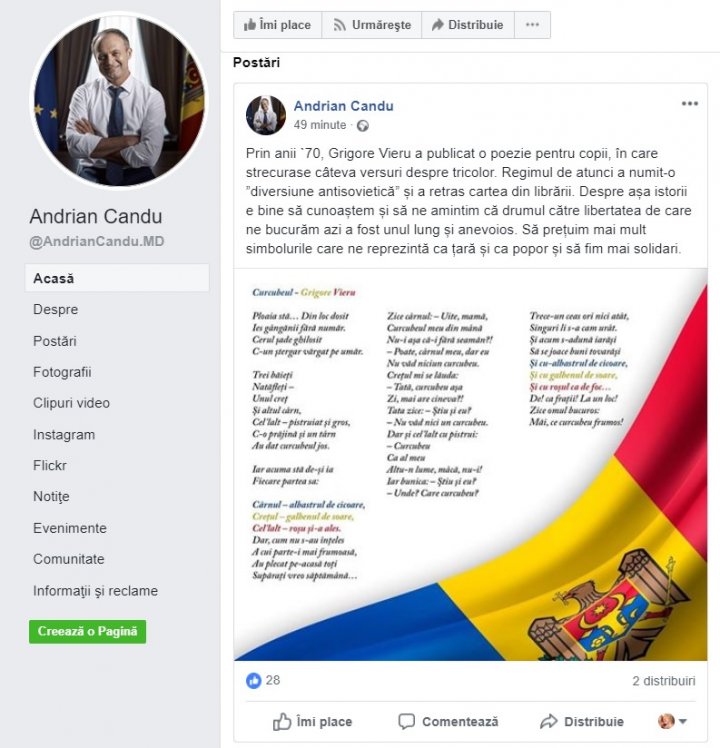 Andrian Candu a adus omagiu Tricolorului într-o postare pe Facebook, printr-o POEZIE de Grigore Vieru