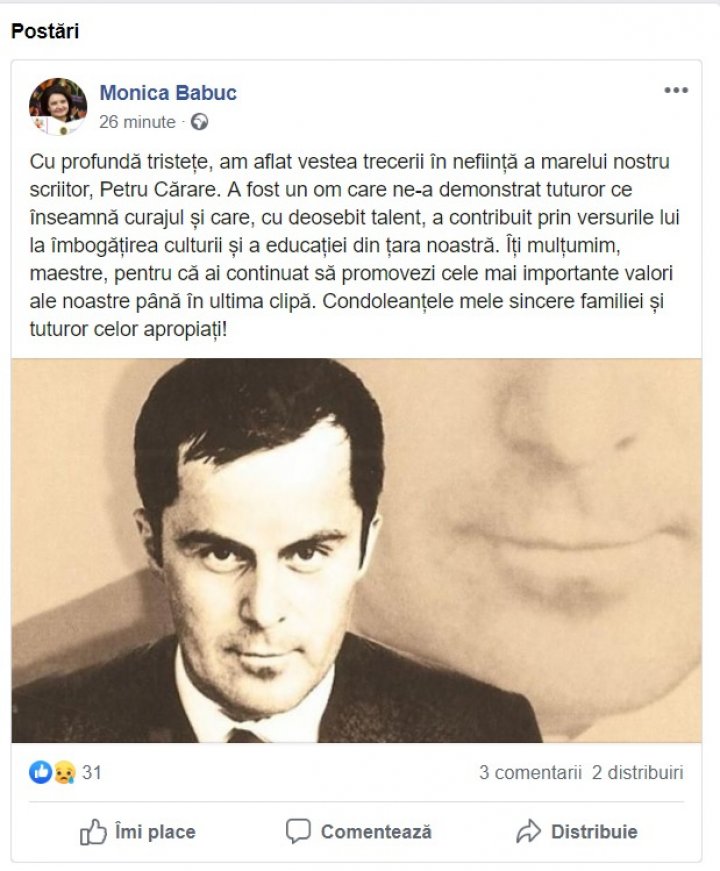 Monica Babuc despre Petru Cărare: "Îți mulțumim, maestre, pentru că ai continuat să promovezi valorile noastre până la sfârşit"