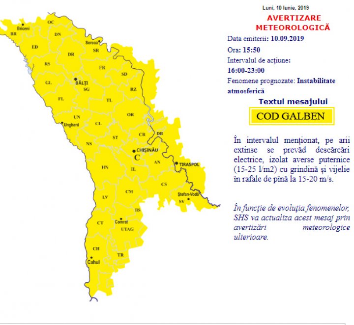 Meteorologii au emis un nou COD GALBEN de ploi cu descărcări electrice și vijelii 