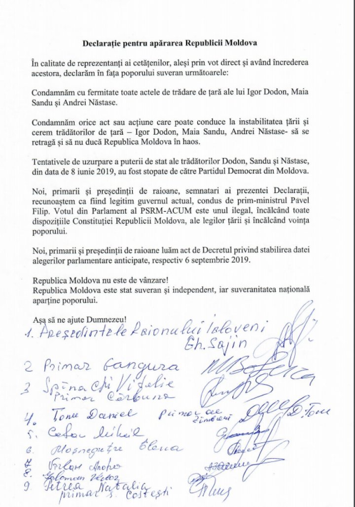 Primarii din raionul Ialoveni au semnat o declarație pentru apărarea Republicii Moldova