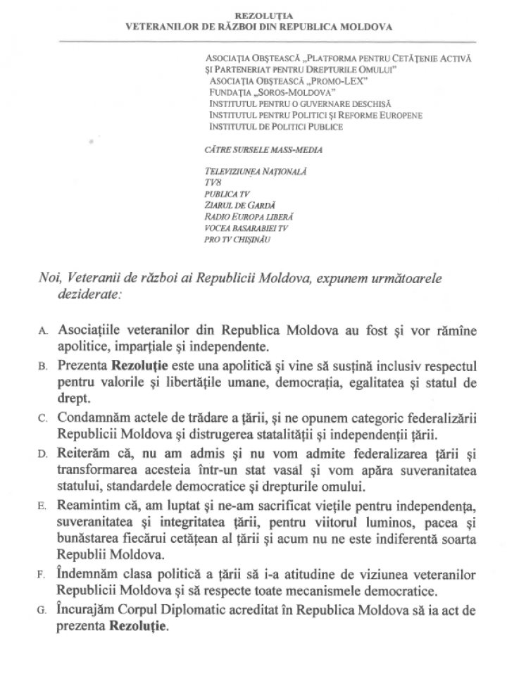 Veteranii de război au semnat o rezoluţie prin care condamnă actele de trădare a ţării şi se opun federalizării Republicii Moldova