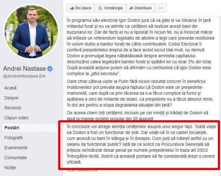 Andrei Năstase le-a cerut procurorilor să-l cerceteze penal pe Igor Dodon pentru îmbogăţire ilicită