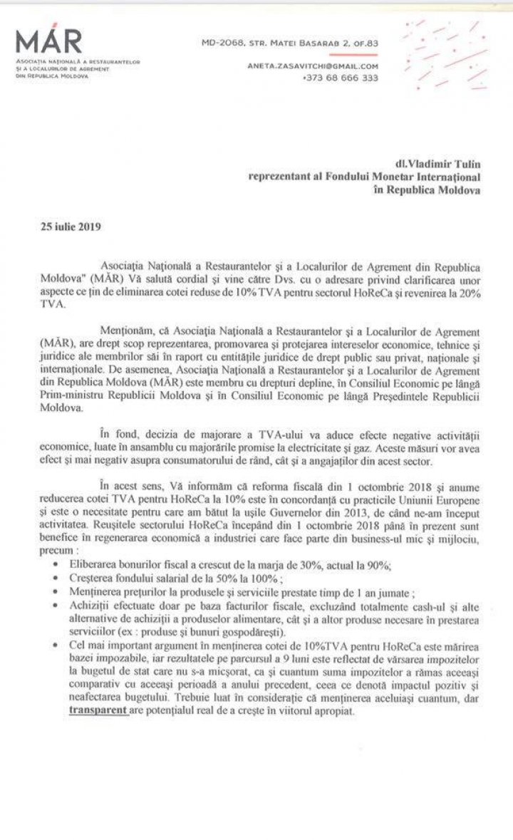 Patronii de hoteluri și restaurante cheamă FMI la dialog privind inițiativa guvernării de a mări TVA