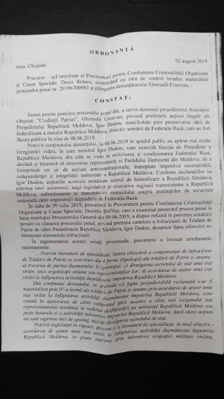 PCCOCS a refuzat să inițieze o cauză penală pe numele lui Igor Dodon pentru trădare de patrie