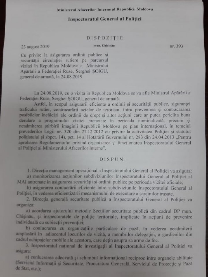 CINE A MINŢIT? Vizita lui Şoigu la Chişinău a fost OFICIALĂ, o confirmă o dispoziţie semnată de cumătrul lui Andrei Năstase, Gheorghe Balan (DOC)