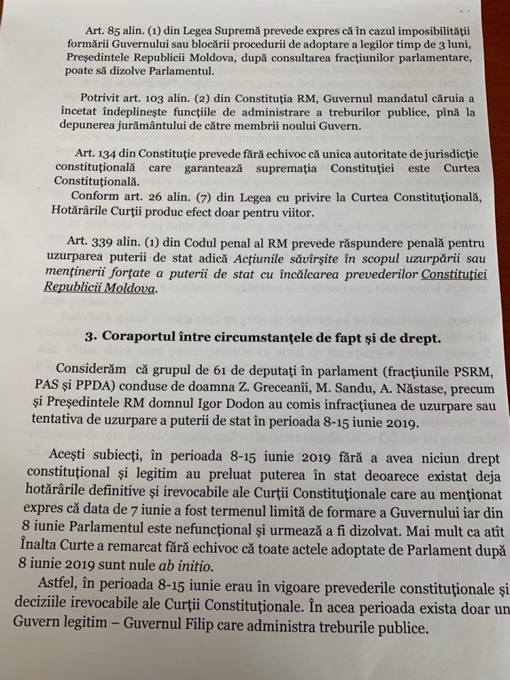 PDM cere Procuraturii Generale să pornească dosar penal pentru uzurparea puterii de stat. Sunt vizaţi Dodon, Sandu şi Năstase (DOC)