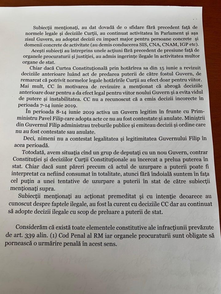 PDM cere Procuraturii Generale să pornească dosar penal pentru uzurparea puterii de stat. Sunt vizaţi Dodon, Sandu şi Năstase (DOC)