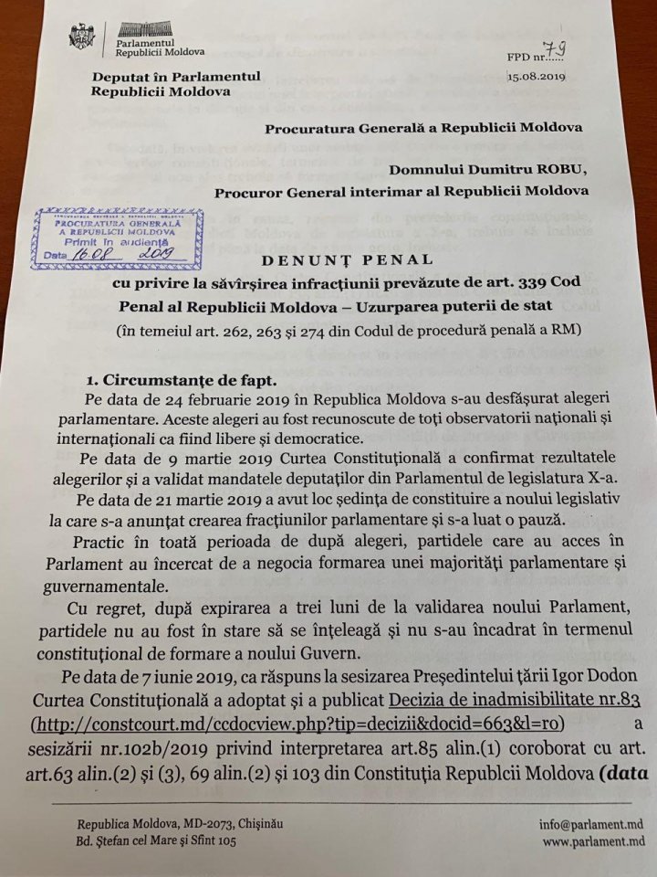 PDM cere Procuraturii Generale să pornească dosar penal pentru uzurparea puterii de stat. Sunt vizaţi Dodon, Sandu şi Năstase (DOC)