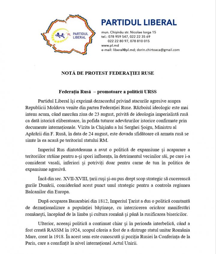 Partidul Liberal a înaintat o NOTĂ DE PROTEST Ambasadei Federației Ruse (DOCUMENT)