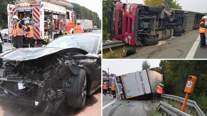 ACCIDENT cu pagube de SUTE DE MII DE EURO, după ce un Ferrari a răsturnat un camion (FOTO) 