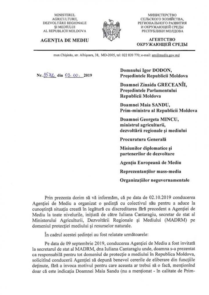 Un şef de la Agenţia Mediului acuză un secretar de stat de ABUZ. Totul s-ar fi întâmplat la indicaţiile Maiei Sandu 