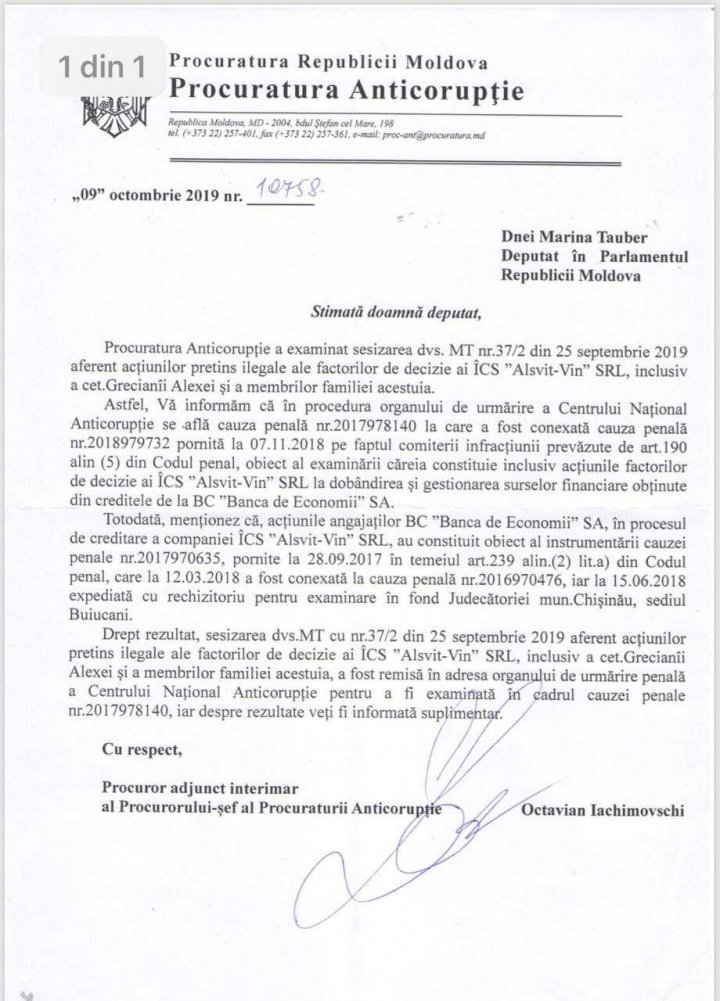 Marina Tauber: Procuratura Anticorupţie a confirmat că pe numele soţului lui Greceanîi a fost pornit dosar penal (DOC)