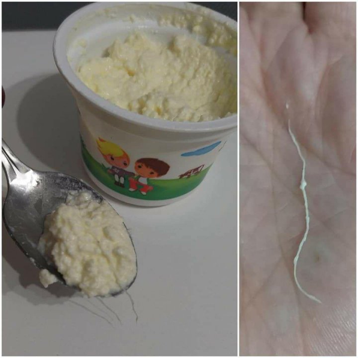 Tu știi ce mănâncă copilul tău? O mamă a gasit un fir de ață într-o cutie cu brânzică (FOTO)