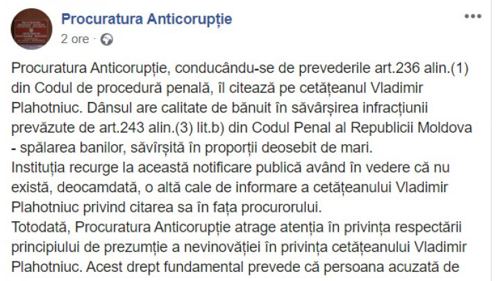 JUSTIŢIE PE REŢELE DE SOCIALIZARE. Procurorii l-au citat pe Vlad Plahotniuc pe pagina lor de Facebook 