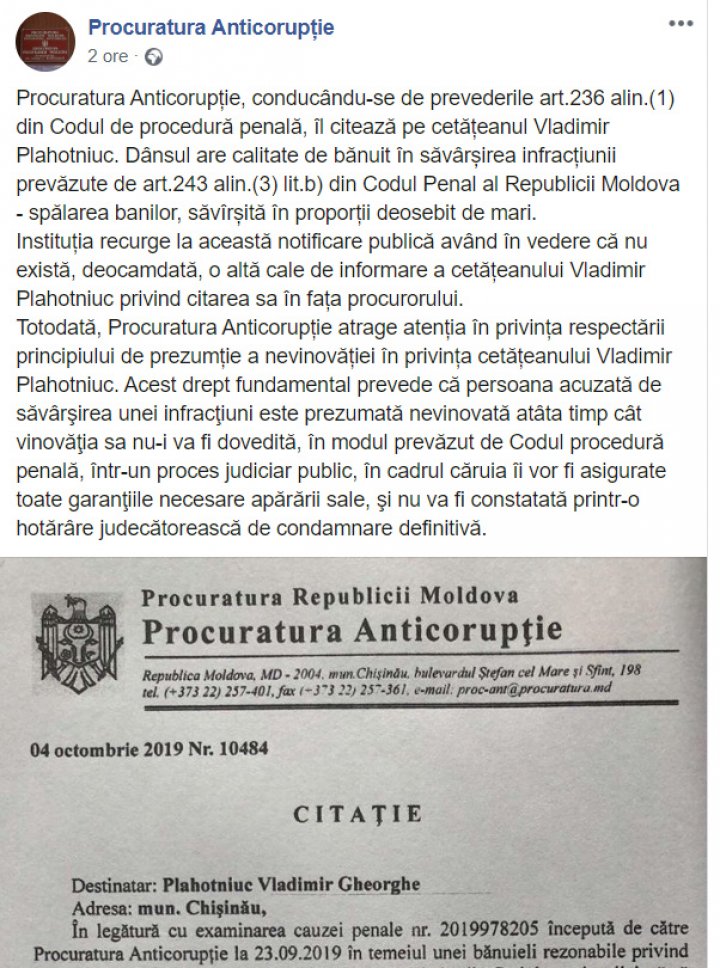 JUSTIŢIE PE REŢELE DE SOCIALIZARE. Procurorii l-au citat pe Vlad Plahotniuc pe pagina lor de Facebook 