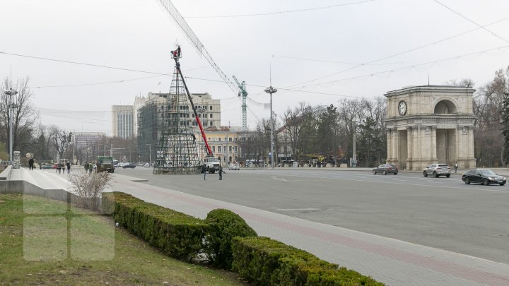 Chişinăul se pregăteşte de sărbătorile de iarnă. Muncitorii au instalat Pomul de Crăciun în PMAN (FOTOREPORT)