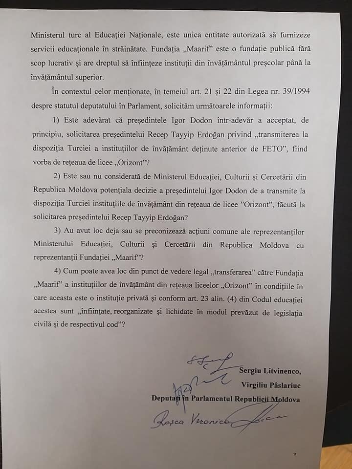 Un deputat bănuieşte că Igor Dodon vrea să-i transmită Turciei liceele "Orizont" şi i-a cerut socoteală Ministerului Educaţiei (DOC)