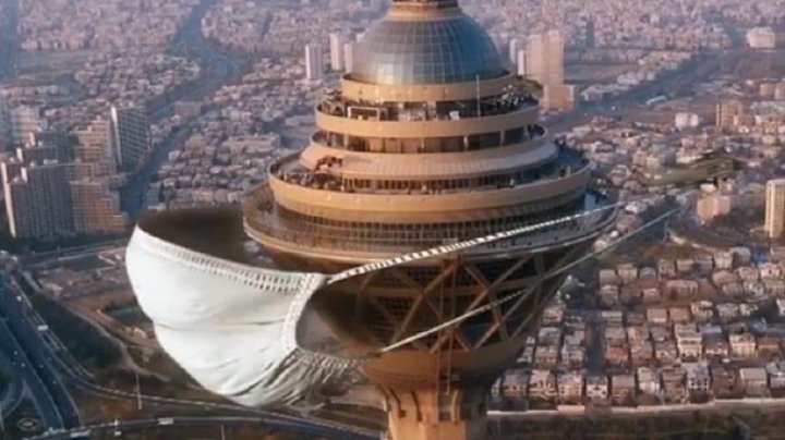 O mască uriașă, pusă pe cel mai înalt zgârie-nori din Iran, Borje Milad, din cauza coronavirusului (VIDEO)  