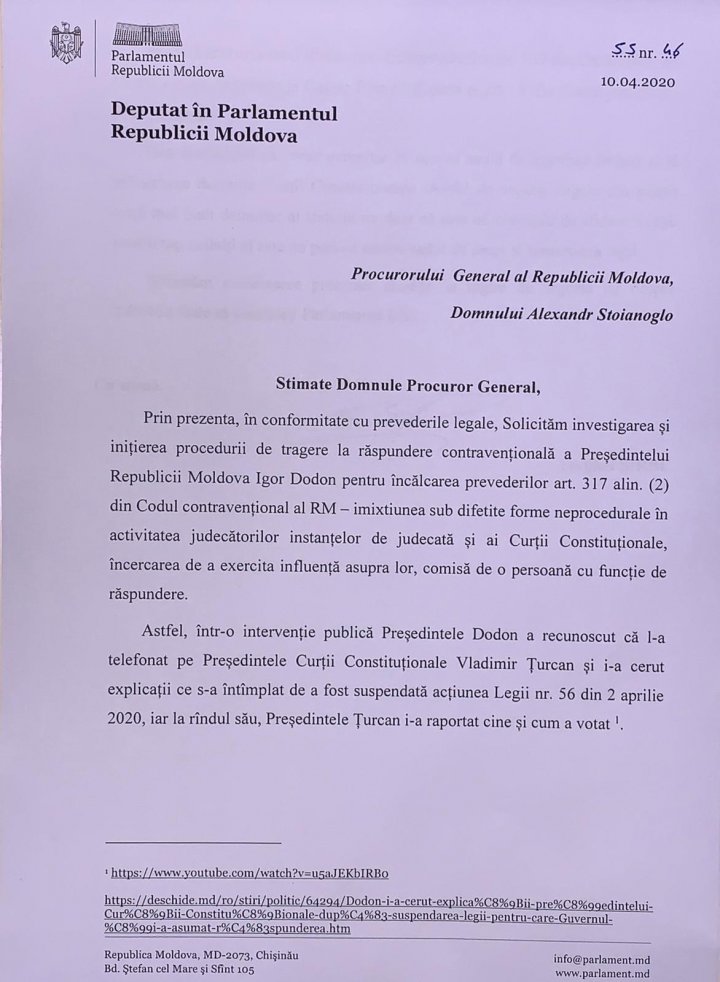 Grupul PRO MOLDOVA cere Procuraturii Generală tragerea la răspundere contravențională a lui Igor Dodon pentru imixiunea în activitatea Curții Constituționale