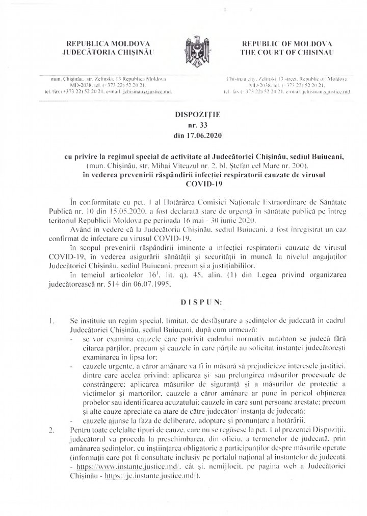 Judecătoria Chişinău, sediul Buiucani va activa în regim special, după ce un angajat a fost confirmat cu COVID-19 (DOC)