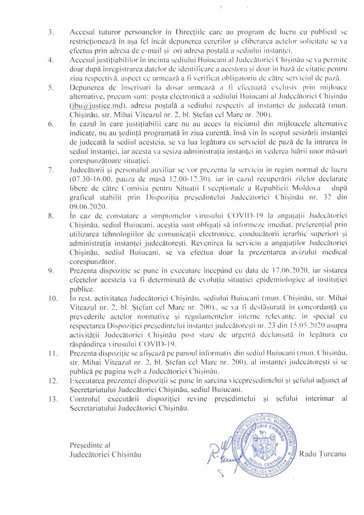 Judecătoria Chişinău, sediul Buiucani va activa în regim special, după ce un angajat a fost confirmat cu COVID-19 (DOC)