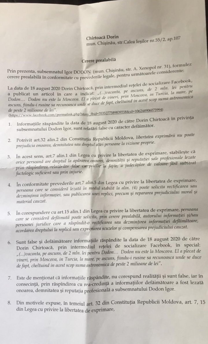 Dorin Chirtoacă ar fi fost acționat în judecată de către Igor Dodon (DOC)