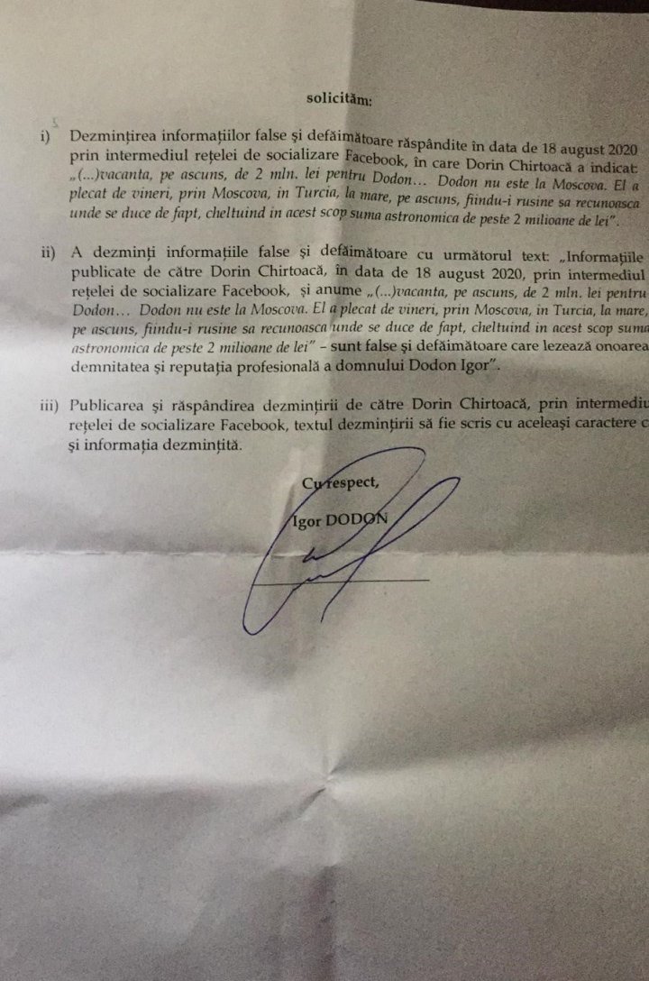 Dorin Chirtoacă ar fi fost acționat în judecată de către Igor Dodon (DOC)