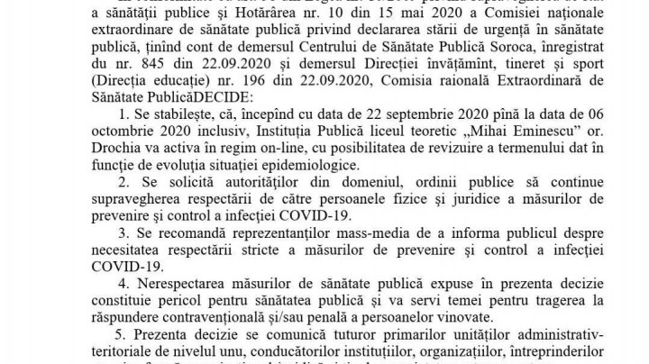 Un liceu din orașul Drochia va activa online. Opt profesori au fost confirmați pozitiv cu COVID-19