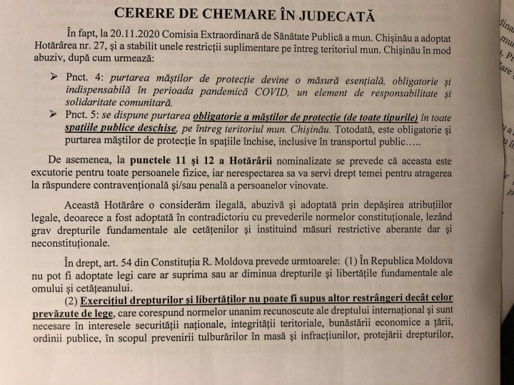 Decizia privind purtarea obligatorie a măștilor în spații publice deschise în municipiul Chișinău, atacată în instanță