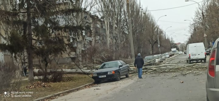 Vântul puternic face RAVAGII în Capitală. Rafalele au doborât un panou publicitar, care a căzut peste o gheretă (FOTO)