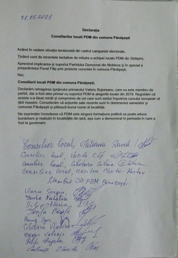 Consilierii locali PDM din comuna Pănășești și-au declarat retragerea sprijinului pentru primarul Valeriu Bujoreanu