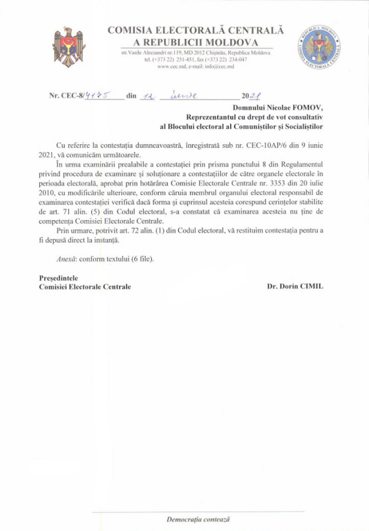 Răspunsul CEC privind sesizarea Blocului PCRM-PSRM că PAS foloseşte imaginea preşedintelui Maia Sandu în campania electorală