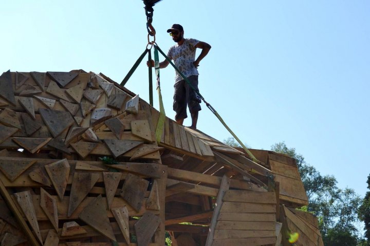 Un zimbru uriaș din lemn, instalat pe teritoriul rezervației naturale „Pădurea Domnească”